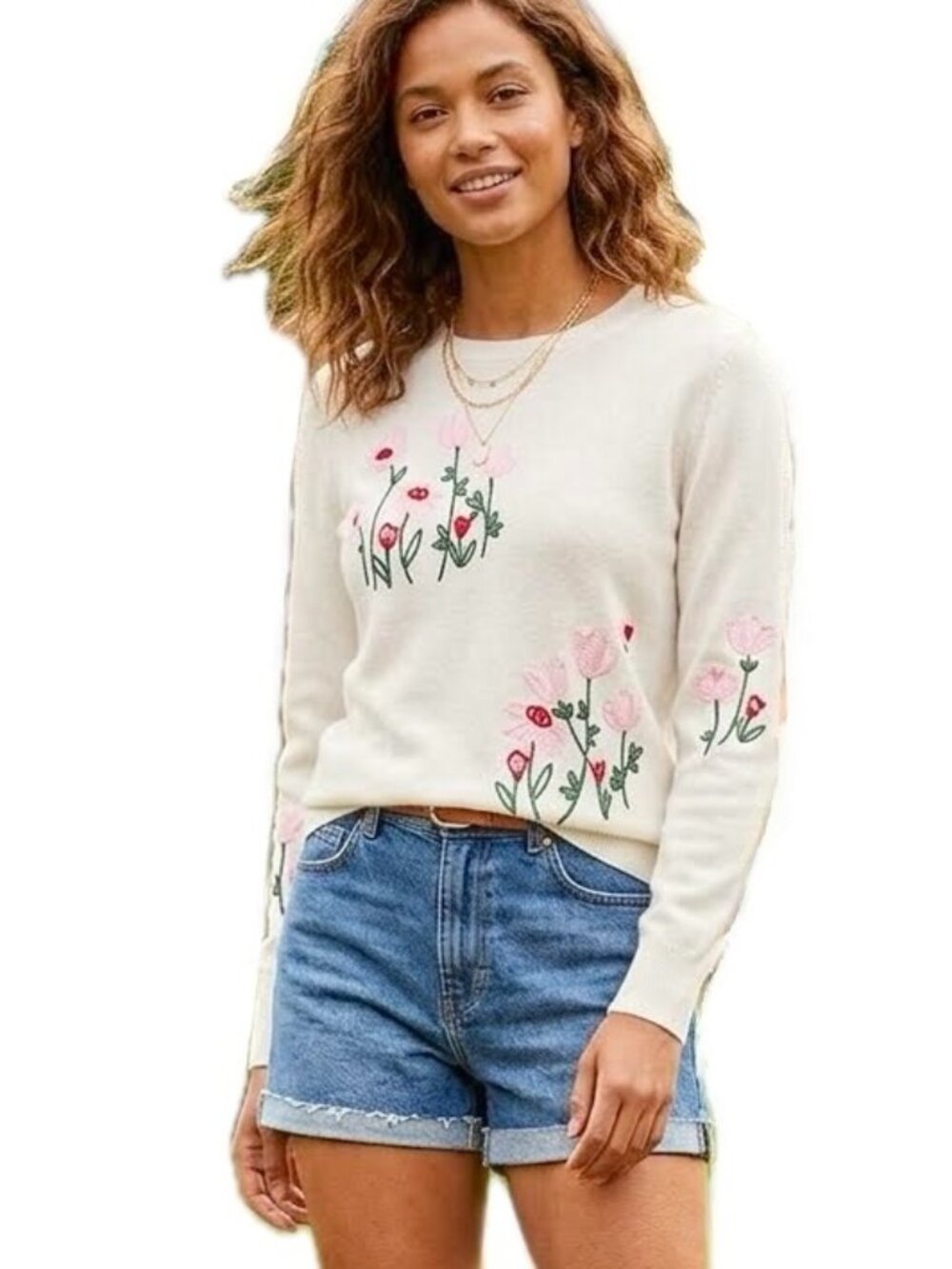 Cynthia Rowley 100% Cashmere Sweater Embroidered Florals on Cream Womens XL NEW